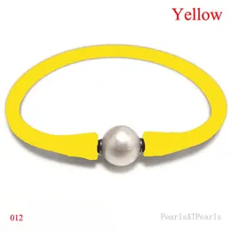 Charm Bracelets 7.5 Inches 10-11mm One Natural Round Pearl Yellow Elastic Rubber Silicone Bracelet