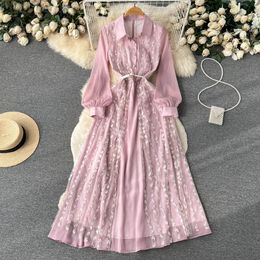 2023 Casual Dresses Fashion Runway Summer Midi Dress Women's Turn Down Neck Long Sleeve Embroidered Chiffon Ladies Vintage Party Dress with Belt