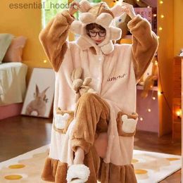 Women's Sleep Lounge Winter Flannel Pajamas Sets For Women Cute Sweet Pyjamas Hooded Nightgown Suits Thicken Warm Sleepwear Long Sle Homewear L231129