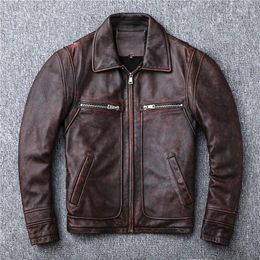 Men's Tracksuits May Khaki Red Brown Heavy Industry To Do Old Locomotive Vintage First Layer Cowhide Leather Jacket Men Lapel