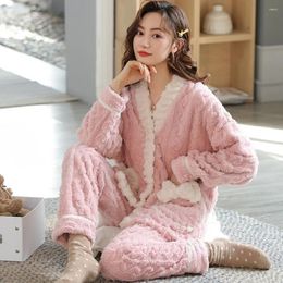 Women's Sleepwear Flannel Pyjamas Set For Women Winter Thick And Warm Cute Cardigan Kimono Coral Fleece Home Service