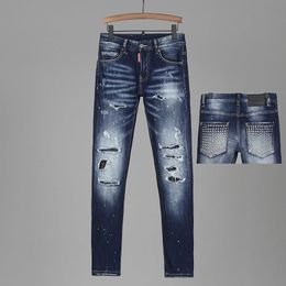 blue autumn and winter wash low waist and small feet quality hole patch boutique D2 jeans pants men