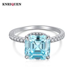 Solitaire Ring Retro 100% 925 Solid Silver 9*9MM Asscher Cut Aquamarine High Carbon Diamond Rings for Women Gemstone Party Fine Jewelry Gifts 230428