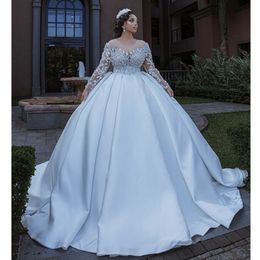 Vintage Scoop Neck Luxury Beads Wedding Dress Illusion A-Line Sequins Bridal Gowns Long Sleeves Crystals Robes 3D Floral Brides Gowns Vestido De Novia