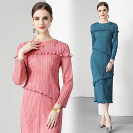 Casual Dresses Good Quality 2023 French Elegant Long Sleeve High Elastic Folds Pleated Edible Tree Dress For Women Luxury Free Size