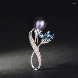 Brooches Vintage Simple Pearl Blue Purple Crystal Flower For Women Luxury Silver Colour Zircon Alloy Plant Brooch Safety Pins