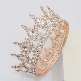 Queen King Tiaras and Crowns Bridal Women Rose Gold Colour Crystal Headpiece Diadem Bride Wedding Hair Jewellery Accessories H0827266A