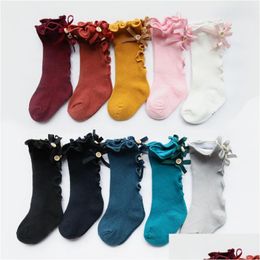 Crianças meias bebê meninas plissado meias bowknots botões 100% algodão babados borda joelhos meia sólida 10 cores crianças meia meias 0-8t dr dh598