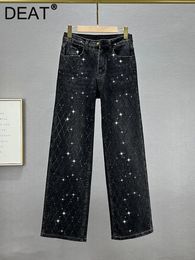 Women s Jeans DEAT High Waist Black Full Diamond Plaid Straight Wide Leg Denim Pants 2023 Autumn Fashion 29L3145 231129