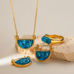 Pendant Necklaces Uworld Trendy 18k Gold Plated Stainless Steel Rings Earrings Jewellery Blue Resin Fanshaped Necklace Waterproof Summer