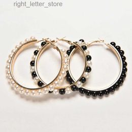 Stud 1 Pair New Women Girls Jewelry Hoop Earring Black White Pearl Earring With Stainless Steel Pin Big Circle Loop Earrings YQ231128