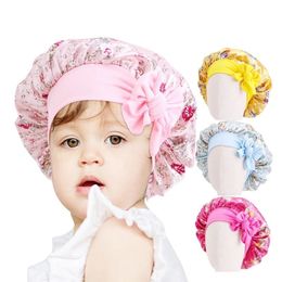 Pink Children Satin Sleep Bonnet Hat Bow Adjust Kid Girls Boys Night Sleep Cap Bonnet Flower Printed Baby Hair Protect Beanie