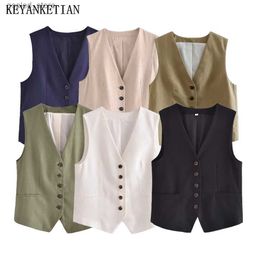 Men's Vests KEYANKETIAN Summer New Linen Texture V-Neck Single Breasted Short Vest Women Commuter Style Solid Color Sleeveless Top Thin Q231129