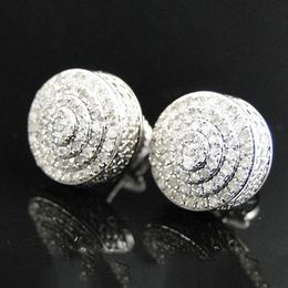 Hip Hop Earrings for Men White Gold Plated Bling Iced Out CZ Round Stud Earrings With Screw Back Jewelry217n