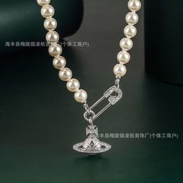 Viviennely Westwoodly Classic Full Diamond Pins Saturn Pearl Necklace Feminine Minority Design Sense Collar Chain