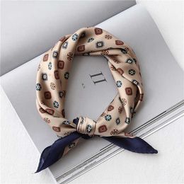 Scarves HOT Choice Imitation Silk Small Square Scarf For Women Retro Print Ladies Neckerchief Satin Kerchief Crinkle Scarf Tie Bandana J230428