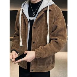 Men's Jackets Men Corduroy Coat Autumn Winter Fake Two-piece Hooded Drawstring Jacket Quality Casual Large Size M-8XL Men's High-end Clothing 231129