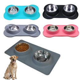 Feeding Antislip Double Dog Bowl with Silicone Mat Durable Stainless Steel Water Food Feeder Pet Feeding Drinking Bowls for Dogs Cats