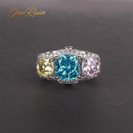 OneRain Vintage 100% 925 Sterling Silver Aquamarine Sapphire Citrine Diamonds Gemstone Wedding Engagement Women Men Ring Jewellery C3390