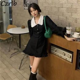 Casual Dresses Dress Women French Black Summer Long Sleeve Clothes Simple Ins Korean Style Fashion Mini Patchwork Design Temperament