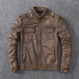 Men's Tracksuits Man Vintage Leather Short Head Layer Pure Cowhide Jacket Made Old Motorcycle Coat
