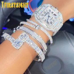 Chain Iced Out Bling Opened Square Zircon Charm Bracelet Gold Silver Colour Rectangle AAA CZ Bangle For Men Women Hiphop Jewellery 231129