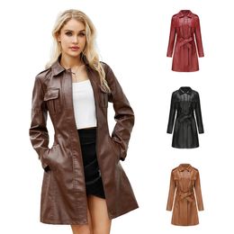 Womens Leather Faux Outerwear Midlength Lapel Jacket with Belt Spring Autumn Ladies Longsleeve Trench Coat S3XL 231129