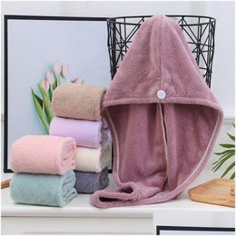 Towel Soft Coral Fleece Absorbent Microfiber Woman Long Hair Fast Drying Solid Colour Bath Wrap Hat Quickly Dry Caps Turban Drop Deli Dhyqe