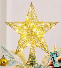 Decorative Objects Figurines Iron Glitter Powder Christmas Tree Ornaments Top Stars with LED Light Lamp Decorations For Home Xmas Trees 231128