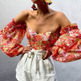 Women's Blouses Summer Sexy Off Shoulder Shirt Fashion Floral Print Strapless Chiffon Women Slash Neck Backeless Tops Blusas Mujer