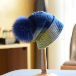 Beanie/Skull Caps Double Color Real fox Fur Pompom Hat Luxury Quality Winter Hat for Women Fashion Thick Knitting Beanies Cap Warm Woolen Hat 231128