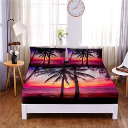 Set Beautiful Coconut Tree 3pc Polyester Solid Fitted Sheet Mattress Cover Four Corners With Elastic Band Bed Sheet(2 pillowcases)