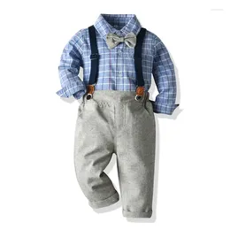 Clothing Sets Export Children's Boys British Style Suspender Pants Suit Plaid Long-Sleeved Shirt Two-Piece Set Wholesale