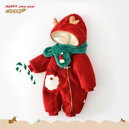 Rompers Winter Baby Boys Christmas Jumpsuit Hairy Plus Velvet Thick Hooded born Boys Rompers With Scarf Infant Boys Snowsuit 231129