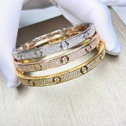 2022 Luxury Top Fine Brand Pure 925 Sterling Silver Jewelry For Women Easy Lock Bangle Rose Yellow Gold Full Diamond Love Bangle W213Z