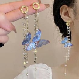 Stud Earrings Blue Butterfly Crystal Long Tassel Women's Super Fairy Temperament Exquisite Earring Banquet Party Fashion Jewelry