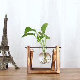 Vases 1Pc Hydroponic Vase With Wood Stand Home Desktop Green Plant Bonsai Glass Transparent Flowerpot Flower Decoration