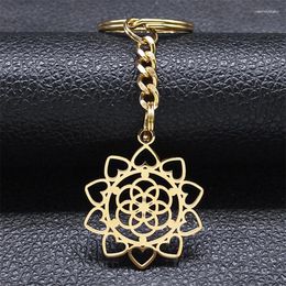 Keychains Flower Of Life Keychain For Women Men Stainless Steel Gold Color Sacred Geometry Seed Keyring Jewelry Llavero K6341S01