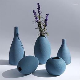 Vases Blue Black Grey 3colors European Modern Frosted Ceramic Vases flower Receptacle Tabletop Vase home Ornaments Furnishing Art298j