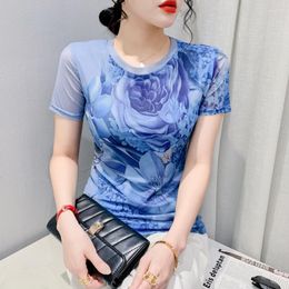 Women's T Shirts #6172 Floral 3d Printed Tshirt Women Thin Tight Elastic Mesh Shirt For Girl Short Sleeve O-neck Vintage Womens Tee