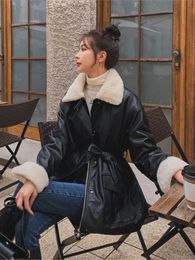 Womens Leather Faux Winter Oversized Jacket Women With Rex Rabbit Fur Inside Warm Soft Thickened Lined Coat Long Sleeve 231129