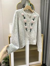 Women's Knits V-neck Chic Floral Design Sense Cardigan Long Sleeved Loose Grey Casual Cute Jacket Autumn And Winter Warm Sweater