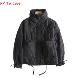 Women's Down Parkas Khaki Quilted Cotton Jacket Straight Short Coat Zipper Stand Collar Pocket Blogger Streetwear Female Outwears 231128