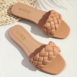 Slippers 2023 Women Summer Ladies Square Toe Sandals Slipper Casual Flip Flops Beach Weave Flat Shoes Female Slip On Shoe