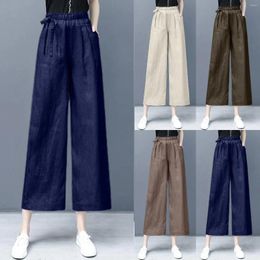 Women's Pants Women Elastic Breathable Trousers Vintage Waist Bow Wide Leg Loose Cotton And Linen High With Pockets