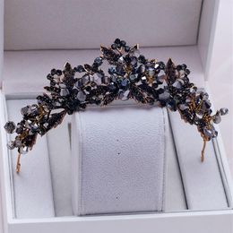 Baroque Handmade Black Crystal Beads Bridal Tiaras Crown Rhinestone Diadem Pageant Veil Tiara Headbands Wedding Hair Accessories Y287P