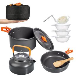 Camp Kitchen Camping Cookware Kit Outdoor Aluminum Cooking Set Water Kettle Pan Pot Travelling Hiking Picnic BBQ Tableware Equipment 231128