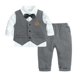 England Style Spring Autumn Baby Boy Gentleman Suit White Shirt with Bow Tie Striped Vest Trousers Formal Kids Clothes Set S2072