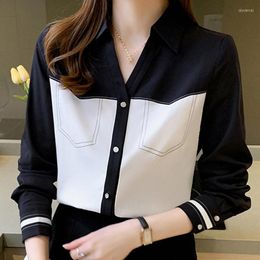 Women's Blouses Black And White Stitching Chiffon Shirt Autumn 2023 Fashion Temperament Ladies Blouse Professional Tooling Long-sleeved Tops