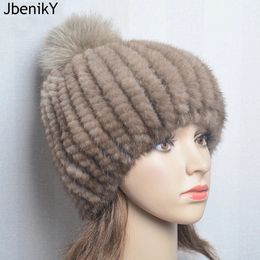 Wide Brim Hats Bucket Luxury Lady Real Mink Fur Hat Pom Poms Thick Warm Cap Women Winter Knitted Beanies 231128